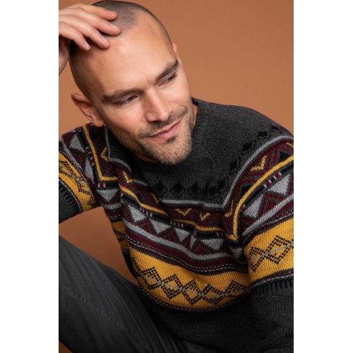 Kazak Gray Ethnic Patterned Slim Fit Sweater Pullover