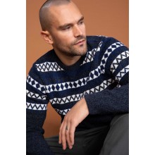 Kazak Navy Blue Ethnic Detailed Striped Sweater Pullover 